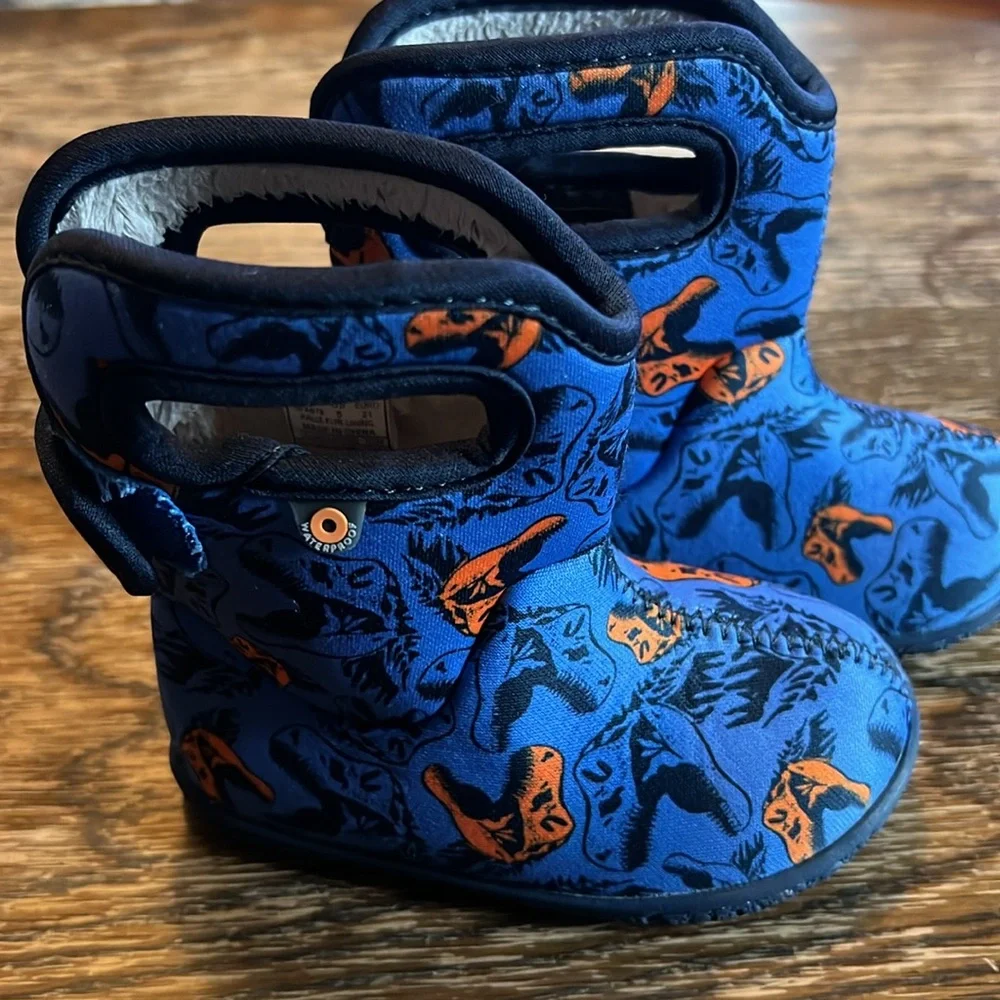 Bogs Kids Blue and Orange Dino Print Boots